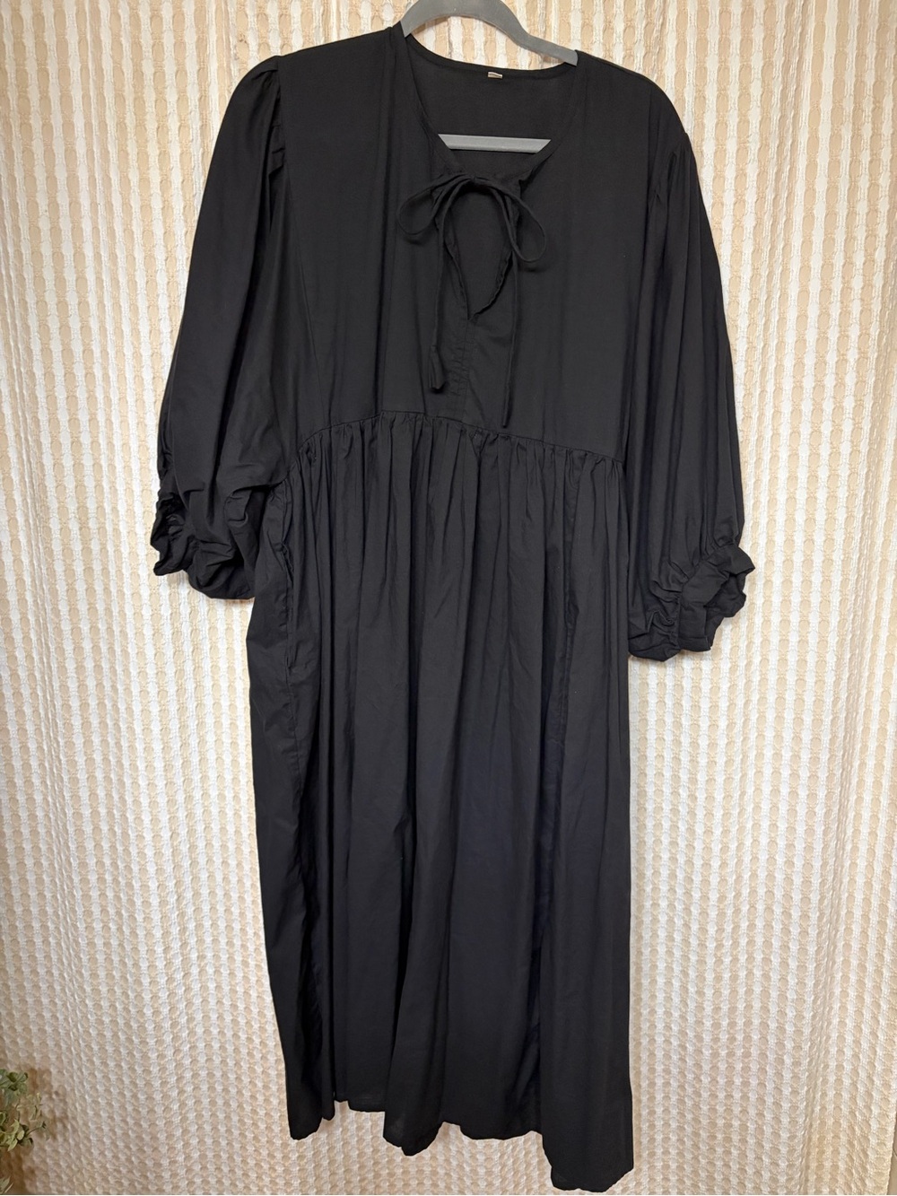 Black Peasant Midi Dress with Tie Neck